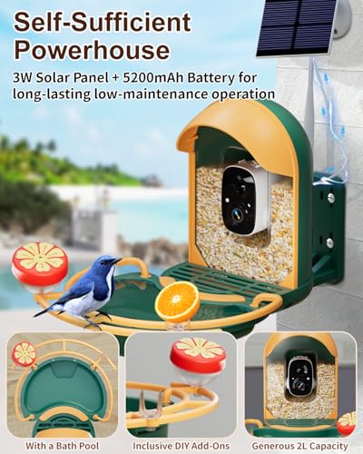Bird Feeder with Camera, Smart Birdfeeder with Cam Solar Powered, 2K HD Video, AI Identification, Instant Arrival Alerts, IP66 Bird Bath & Feeder,Gift for BirdLover (with BirdBath, Dark Green) - color: Dark Green, style: With BirdBath