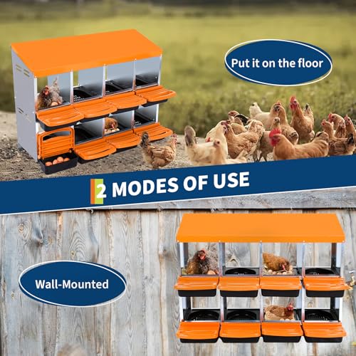 Chicken Nesting Boxes, 8 Compartments Chicken Laying Boxes, Removable Plastic Tray, Easy to Clean, Roll Away Nesting Boxes for Chickens Laying Eggs, Orange