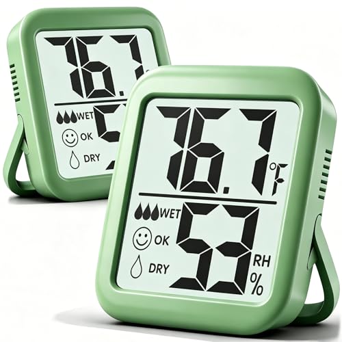 2 Pack Room Thermometer Indoor Hygrometer | Monitor Temperature & Humidity, Accurate, Fast Read, Easy To View, Magnetic/Kickstand/Hanging, ℉/℃, w/ Battery, Compact - color: 2 Pcs* Natural Green