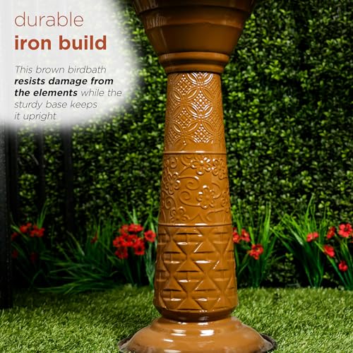 Alpine Corporation ORS112BR Vintage Outdoor Shallow Bowl Metal Pedestal Birdbath with Stand, 28" H, Brown - color: Brown