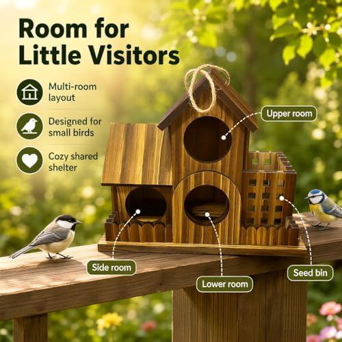 Outdoor Wooden 3 House Bird House, Carbon Wood for Hummingbirds Blue Birds and Other Small Birds, with Cleaning Gate, Food Storage, Garden Forest Natural Bird Watching Decoration