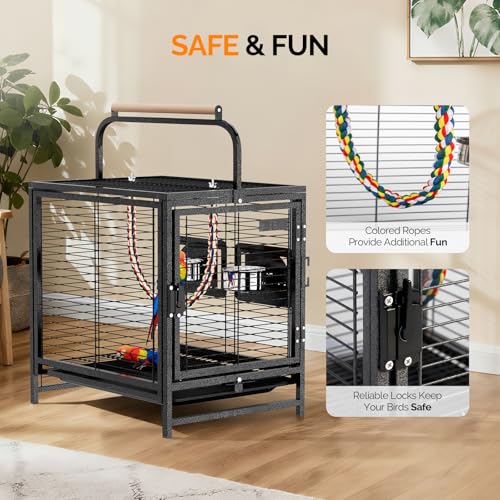 VINGLI Small Bird Cage, 19 inch Travel Carrier Bird Cage with Handle, Wrought Iron Parakeet Cage with Wooden Perch for Parrot Lovebirds Finches Small/Medium Birds (Hammertone Black) - color: Hammertone Black