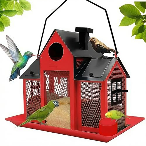 Solar Bird Feeders House for Outside Hanging, Metal Wild Bird Feeder for Outdoors Large Capacity Cardinal Birdfeeder Birdhouses Metal Bird Feeding Station Red - color: red