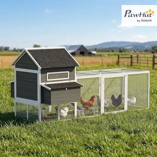 PawHut 137" Chicken Coop with Extra Large Run, for 4-6 Chickens, Dark Gray | Hen House, Wooden Rabbit Hutch Poultry Bunny Cage, Nesting Box, Waterproof Roof, for Backyard - color: Dark Gray