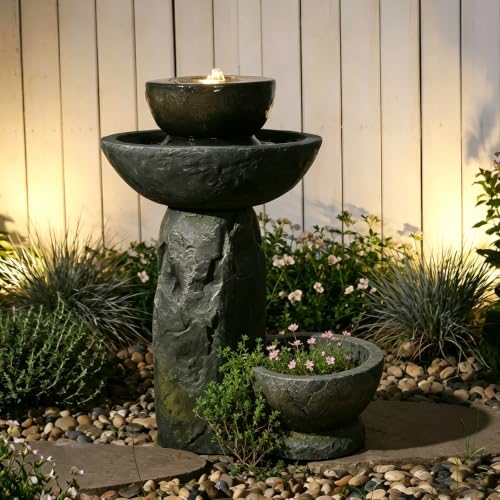 Outdoor Bird Bath Fountain with Planter Spot, Lighted Rustic Faux Stone Pedestal Birdbath, Relaxing Water Feature Decor for Wild Birds, Yard and Backyard Garden - color: Grey-28 in