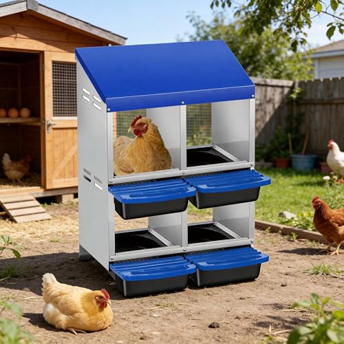 Double Tier 4 Holes Chicken Nesting Boxes for Laying Eggs, Wall-Mounted & Floorstanding Nesting Boxes for Chickens Ducks Geese, for Farm Backyard Chicken Coops, Blue - color: Blue, size: 4 Holes & 2-tier