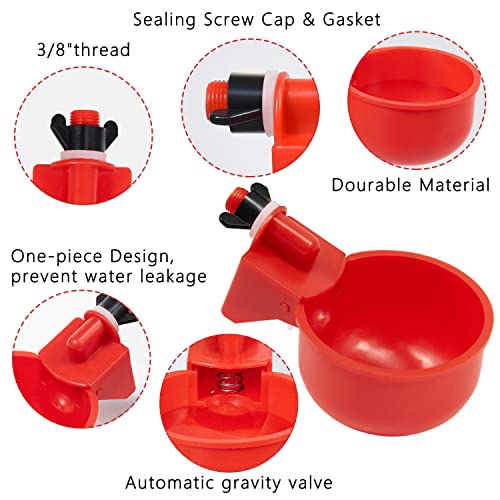 Chicken Automatic Waterer Kit for Poultry Float Style Gravity Water Feeder Drinking Cup Bowl 5 Gallon with Mounting Hole Opener, 12 Pack