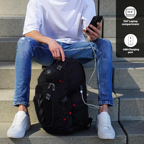 Swissdigital Design Laptop Backpack with USB Charging Port, Travel Backpack Fits 15.6 inches Computer, 31L College School Backpack for Men, Black | SD803-01 - color: Black