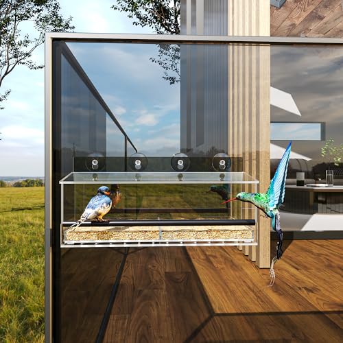 One Way Window Bird Feeder for Outside with 4 Strong Suction Cups, Clear Acrylic Wild Bird House for Cats Viewing, Large Transparent Window Mount Birdfeeder for Bird Lovers Gift