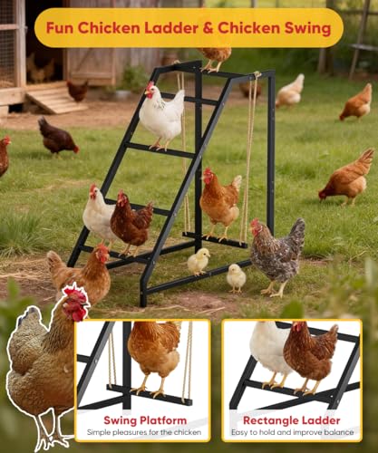 Chicken Perch Swing with Ladder for Coop, Metal Frame Chicken Roosting Bars for 8-10 Hens, Pet Swing Set for Backyard Poultry Farm Roost, Ideal for Chickens' Health and Happiness, Black