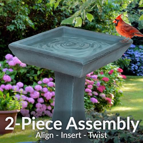Sunnydaze Square Concrete Bird Bath for Outdoors, 23” H, Patina Green | Glass Fiber Reinforced Concrete, Easy Assembly, Bird Bath Bowl Holds ½ Gal of Water, Heavy-Duty Cement Bird Bath for Outside - color: Patina Green