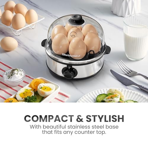 Elite Gourmet EGC724SS Egg Boiler Cooker, 7-Egg Poacher/Omelet Maker, Steel | Cooks soft, medium, or hard-boiled eggs, also scrambles - auto shut-off with buzzer - measuring cup included - BPA-free - color: Stainless Steel, size: 7 Egg