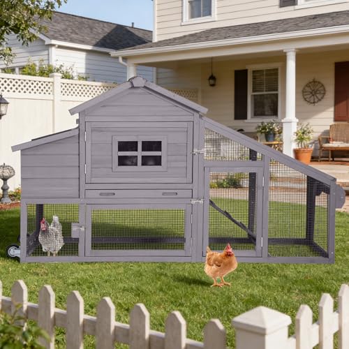 Mobile Chicken Coop with Wheels, Large Wooden Hen House with Run, Chicken Tractor with Waterproof Roof, Nesting Box & Pull-Out Tray, Outdoor Poultry Cage for Backyard Chickens/Rabbits (Grey) - color: Grey