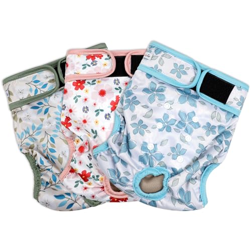 Washable Female Dog Diapers (3 Pack) - No Leak Reusable Diapers for Doggy Female in Period - Highly Absorbent Dog Heat Panties with Adjustable Snaps S - color: Flower-2, size: Small（New Born-11.5“Waist）