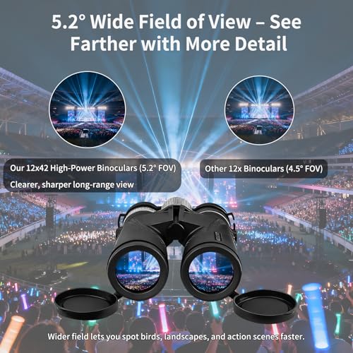 WOLFHUNT 12x42 10x42 Optics Binoculars, IPX7 High Power Bino, BAK-4 Prism FMC Lens, Waterproof, Nitrogen-Filled Fogproof Binoculars for Bird Watching, Hunting, Travel (Black, 12x) - color: Black, size: 12x