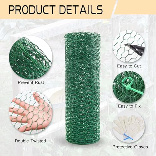 Chicken Wire 15.7in x 393.7in with a Pair of Gloves，1 Wire Cutter，100 Pcs Cable Zip Ties, Floral Chicken Wire Mesh 0.8in Hexagonal Galvanized PVC Coated Garden Netting Fence for Craft Poultry Garden - size: 15.7in x 393.7in