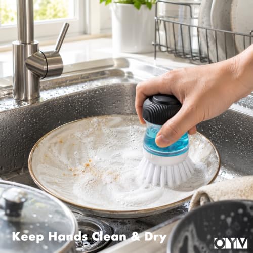 OYV Soap Dispensing Palm Brush Set | Includes Silicone Drip Tray, 1 Refill, Non-Scratch Nylon Bristles, Kitchen Dish Scrub Brush for Cleaning Pots, Pans, Sinks - color: White/Clear/Black