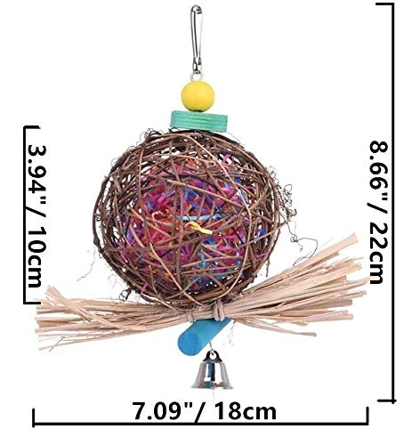 Litewoo Bird Chew Shredder Foraging Toy Natural Rattan Ball Preening Toy with Paper Strips Bell Toy for Parakeet Cockatiel Budgie Conure Lovebird Finch Canary African Grey Cage Accessories (1 PC)