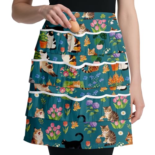 CUTHOLLOW Egg Collecting Apron for Adlut, Housewife, 18 Deep Pockets Hen Egg Gathering Holding Apron with Elastic Closures - style: Green Cat and Flowers