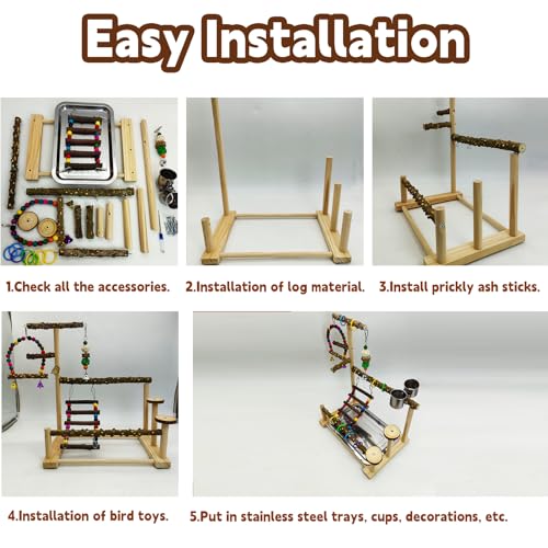 kathson Parrot Play Stand Parakeet Playground Bird Jungle Gym Wood Conure Playstand Hanging Chewing Toys with Swings and Feeder Cups Bird Cage Accessories for Cockatiel Lovebirds Budgie