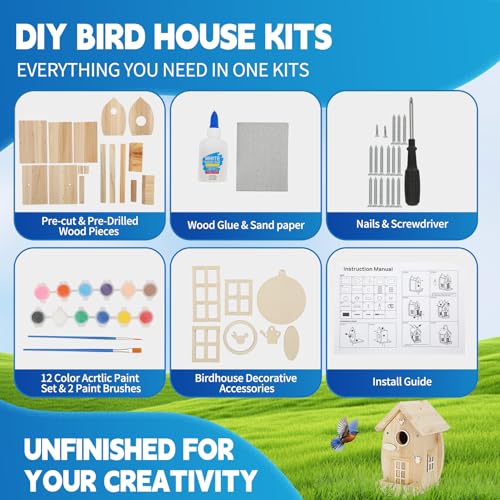 DIY Birdhouse Kit for Adults - Wooden Craft House to Build and Paint, Complete Set with Brushes, Non-Toxic Paint, Sandpaper & Glue, Creative Garden Yard Patio Decor Gift Idea