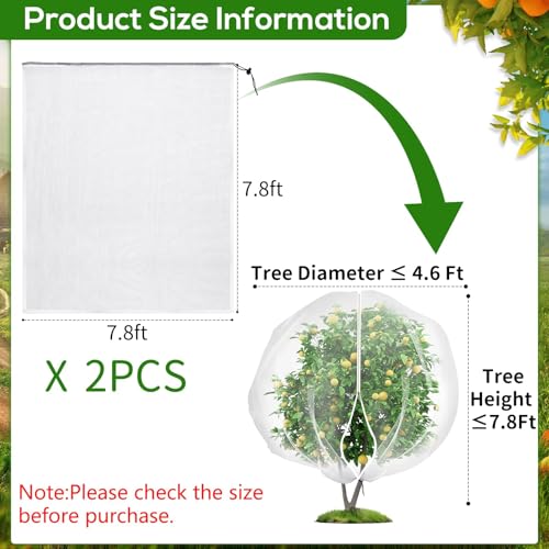 2PCS Large 7.8 x 7.8ft Fruit Tree Netting Cover with Zipper and Drawstring,Garden Insect Netting Plant Cover Transparent Bird Plant Barrier Flower Fruit Mesh Screen for Preventing Deer Squirrel Bugs | Ultra-Fine Mesh Plant Cover for Fruit Trees, Flowers a