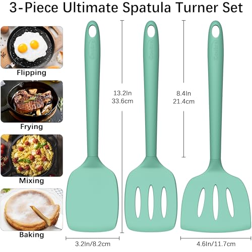 Coukre 3 Pack Silicone Spatula Set, Heat Resistant to 500°F, BPA-Free | Fish Spatula, Solid & Slotted Turners, Dishwasher Safe, Spatula Set for Eggs, Pancakes, Fish & Burgers, PureAquaGreen - color: PureAquaGreen