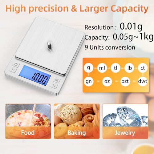 BOMATA 0.01g Small Digital Gram Scale, Upgraded 1kg Jewelry Scale | USB Rechargeable, Larger Display, Hold Function, High Precision, Grams and Ounces for Herb, Coin,Powder,Yeast, Kitchen Sliver - size: 0.01g/1kg Silver