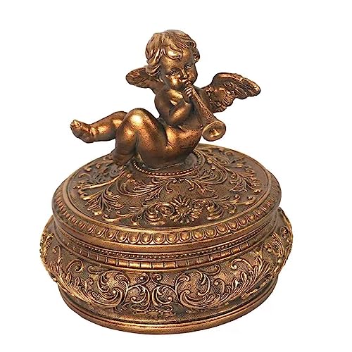S-MANTIS Vintage Box Antique Trinket Organizer Rings Earrings Storage Gilded Round Box With Sophisticated Floral Decor And Cherub Playing The Trumpet Lid Keepsake Unique Gift (Antique Gold-Round) - color: Antique Gold-Round