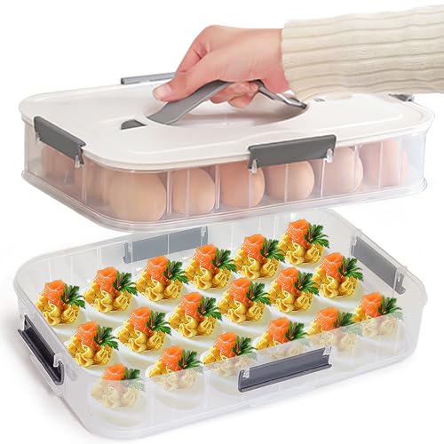 VitalYang Deviled Egg Container with Lid, Double Layer Egg Container, 36 Count Deviled Egg Tray- Secure Lock & Handle, Stackable, Leak-Proof Design for Parties & Catering, White - color: White