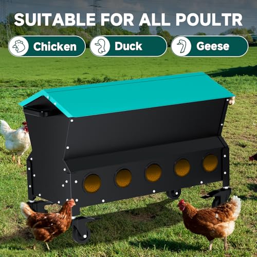Heavy Duty Chicken Feeder 120 lbs Large Capacity, Metal Automatic Poultry Feeding Box with Waterproof Lid, Raised Standing Feeder with Wheels for Hens & Roosters, Portable & Easy to Move