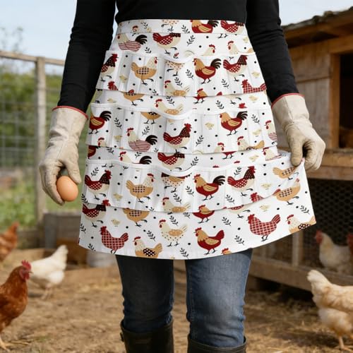 CUTHOLLOW Egg Collecting Apron for Adlut, Housewife, 18 Deep Pockets Hen Egg Gathering Holding Apron with Elastic Closures - style: Rooster and Hen