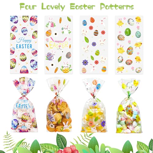 QOIUSO 100pcs Easter Treat Bags: Clear Easter Cellophane Bags for with Twist Ties for Candy Goodie Cookies Sweet and Gifts Packaging - 4 Style Plastic Party Favors Bags - color: Easter-100pcs