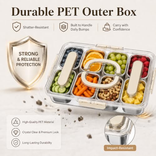 Snackle Box Container, Stainless Steel Divided Serving Tray with Lid, Handle and Forks - color: 8 pack