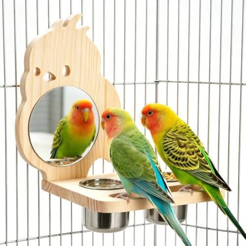 Parrot Bird Perch with Mirror and Stainless Steel Feeding Cups | Bird Perch Platform Toy,Wooden Play & Exercise Gym Stand,Cage Accessory for Cockatoos,Lovebirds,Budgies,Pacific Parrotlets B - color: D