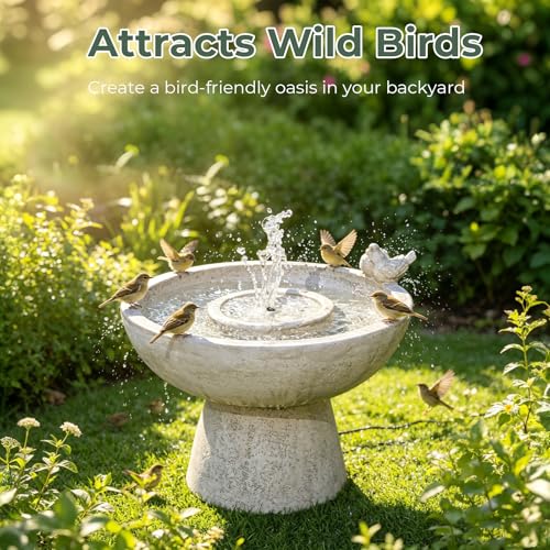 Bird Bath with Bubbler Spray Fountain 13" Height Freestanding Resin Birdbath Water Fountain Plug-in Powered Outdoor Water Feature Bird Playing Bowl for Garden, Patio, Yard, Balconies and Lawns