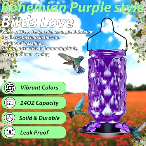 24OZ Glass Hummingbird Feeders for Outdoors Hanging,Five Feeding Ports with Perch, Leak Proof for Gardens Decor Backyard, Bird Feeder for Outside, Birthday Gifts for Women Men, Gifts for Mom Dad - color: Purple