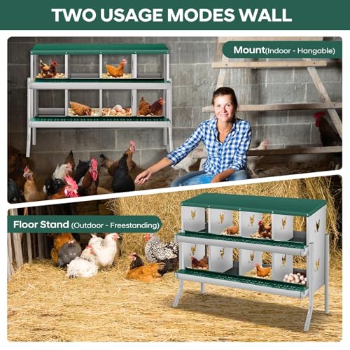 Garvee Chicken Nesting Box, 8 Compartments Nesting Box for Chickens, Galvanized Steel Chicken Laying Box for Easy Egg Collection, Wall Mounting - color: Green | 8 Compartments+legs