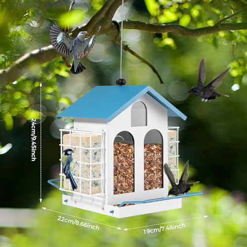 Bird Feeder for Outdoor Hanging, Heavy-Duty Metal Bird Feeder, Waterproof Metal Roof, Double-Layer Suet Cage, Large-Capacity Hanging Bird Feeder