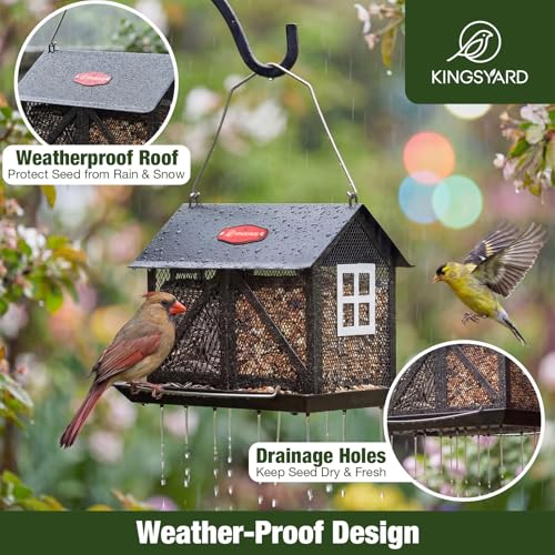 Kingsyard Metal Bird Feeder for Outdoors Hanging, 2-in-1 Wild Bird Feeder with Seed Tray & Built-in Perch, 5 lb Large Capacity for Cardinal Chickadee Finch, Black