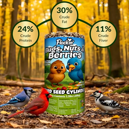 Bugs, Nuts & Berries Bird Seed Cylinders with Hole, Mealworms, 4" x 7.75" | Protein Rich Wild Bird Food with Mealworms, Cylinder Bird Seed, Attracts a Variety of Wild Birds, No Filler, USA Made, 1.5lbs - size: 1-Small