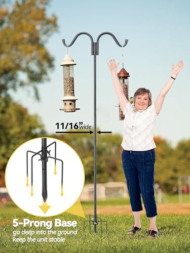 Heavy Duty Double Shepherds Hook for Outdoor, 5-Prong Base, 94 inch Tall Height Adjustable Garden Pole for Bird Feeder, Hanging Plants, Solar Lights, 11/16" Thick Metal Hummingbird Feeder, Anti-Rust - size: 94", Double Hooks