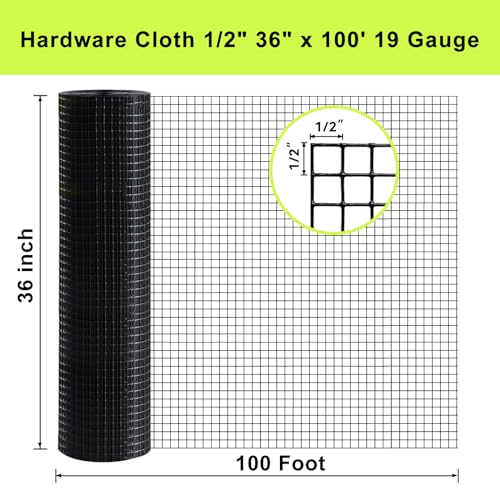 Black Vinyl Coated Wire Mesh Hardware Cloth 1/2 in 36”x100’ 19 Ga | Black PVC Coated Welded Wire Mesh Roll, Welded Wire Fencing Chicken Wire Mesh Roll, Cage Wire Netting, Snake Fence - size: 1/2" x 1/2" 36" x 100'