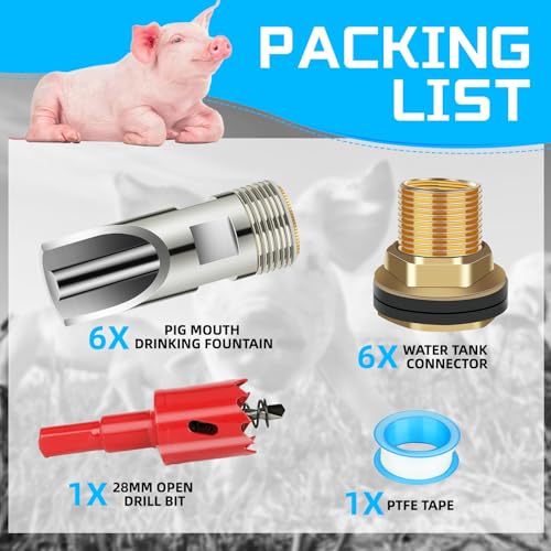6 Pack Pig Waterer Nipples, Stainless Steel Hog Waterer Barrel Kit | Automatic Pig Nipple Water Drinker, 2.5 x 0.75 in Size, 1/2 in Thread, Touch-Activated Flow, PTFE Tape, Piglets and Goats - color: Coppery-6 Pcs