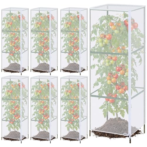 6 Pack Tomato Cage Covers, 18" x 60" Fine Mesh Plant Covers with Zipper & Drawstring, Reusable Garden Netting Protector Against Birds, Insects & Animals for Tomatoes, Peppers, Cucumbers