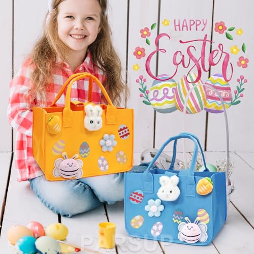 2PCS Easter Egg Hunt Bags Happy Easter Bunny Gift Bags with Handles, Easter Treat Bags, Felt Easter Bags for Gifts Wrapping, Egg Hunt Game, Easter Party Supplies, 12" x7.8" x6.8"(Blue + Orange)