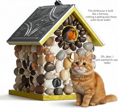 Premium River Pebble Bluebird House – Cedar Wood Outdoor Birdhouse with Embedded Metal Roof, Weather-Resistant Garden Nest Box for Wild Birds, Hanging & Pole Mountable (Yellow) - color: River Pebble Yellow