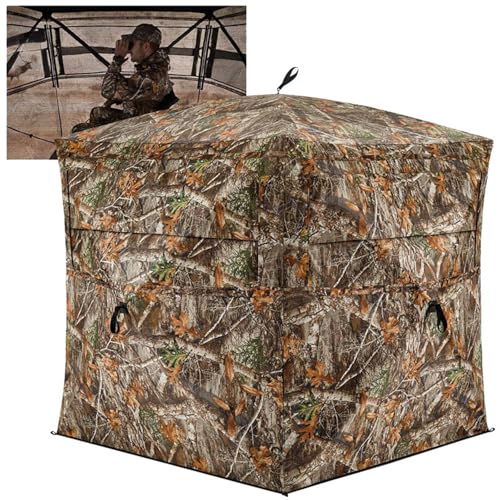 Camping Tent 270° See Through Hunting Blind with Sliding Windows, 2-3 Person Pop Up Ground Blinds for Deer Turkey Hunting, Portable Resilient Hunting Tent