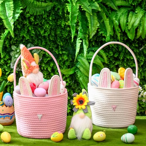 Colingmill 2 Pieces Easter Bunny Basket with Handle Woven Empty Rabbit Basket for Easter Egg Hunt Cute Candy Gifts Storage Party Favors Supplies(White, Pink) - color: White, Pink
