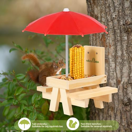 Squirrel Feeder Table with Umbrella, Wooden Squirrel Picnic Table Feeder, Sturdy Squirrels Feeder Corn Cob Holder, with Solid Structure and 2 x Thick Benches(1pk) - color: 1-Red